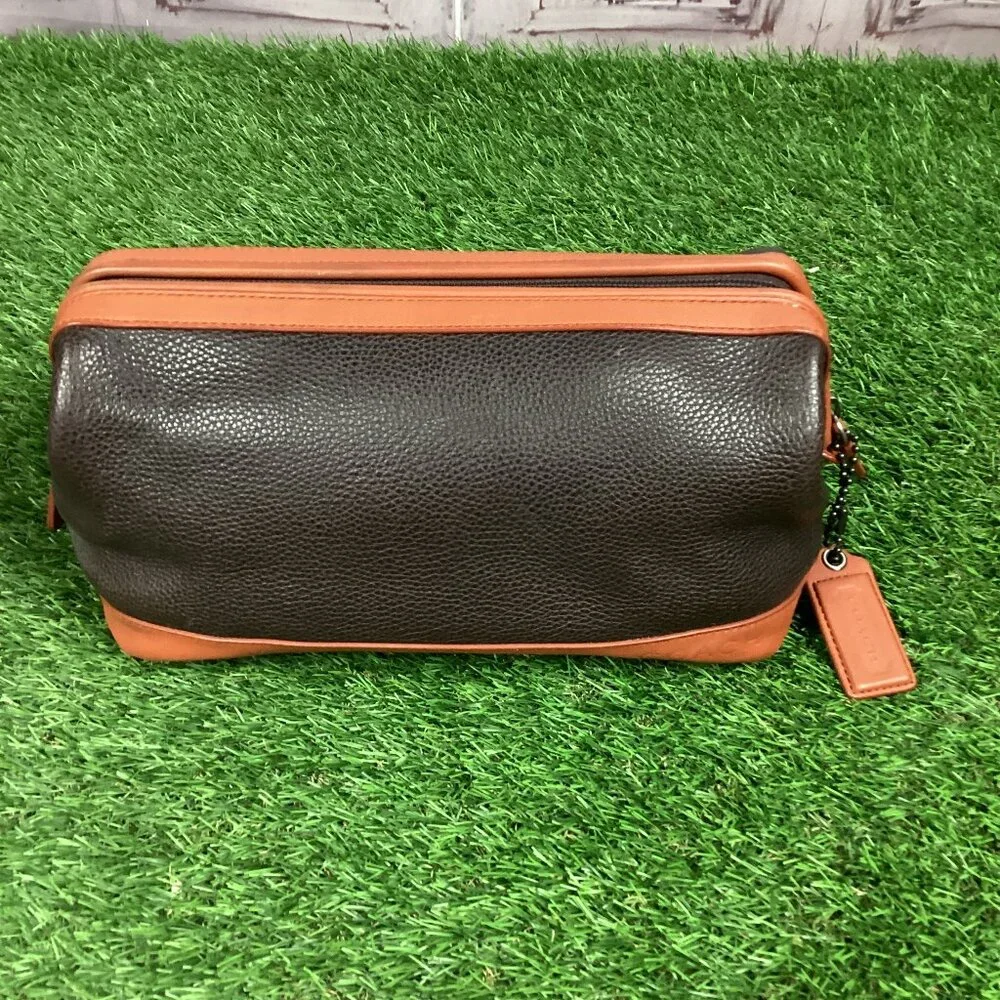 Coach Black & Dark Tan Leather Toiletry Bag Case